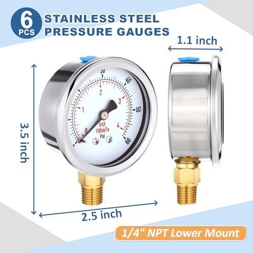 Image of Flutesan 6 Pcs 0-60psi Low Pressure Gauge 2.5 inch Face Dial Size 1 /4 NPT Lower Mount Waterproof Pressure Gauge with Stainless Steel Case for Pool Water Pump Tire Water Oil Air