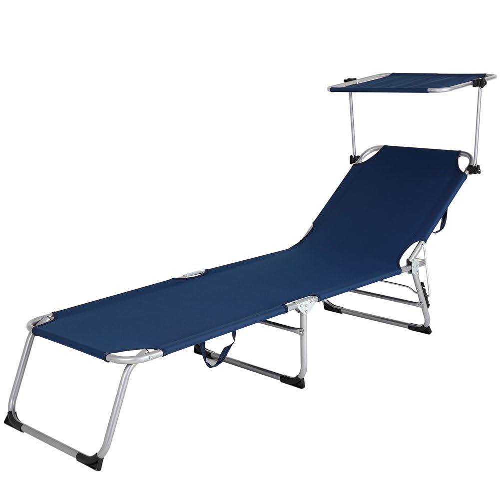 BAKAJI Lettino Prendisole con Tettuccio Parasole Sdraio Pieghevole Salvaspazio, Schienale Regolabile, Struttura in Metallo e Tessuto in Poliestere per Mare Spiaggia Piscina (Blu)