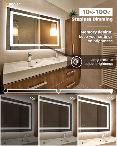 Ensenior LED Bathroom Mirror 60"x 36" with Front and Backlight, Stepless Dimmable Wall Mirrors with Anti-Fog, Shatter-Proof, Memory, 3 Colors, Modern LED Vanity Mirror-ETL & FCC