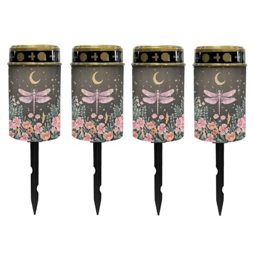 Image of Poceacles Outdoor Cemetery Grave Decor - Solar Memorial Lights - Waterproof Stake Lights - Grave Markers, Pink Dragonfly Flower Moon, Pack of 4