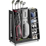 DWVO Golf Bag Organizer for Garage, Wooden 2 Golf Bag Stand Holder with Wheels, Golf Storage Organizer for Golf Bags, Clubs, Balls and Other Equipment Accessories
