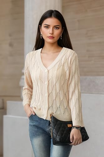 Image of Women's 2025 Crochet Sweater Cardigan 3 /4 Sleeve Lightweight Summer Knit Sweater | Open Front Boho Shrug Top | Beach Cover-Up & Office Wear | Machine Washable 21-Almond-L