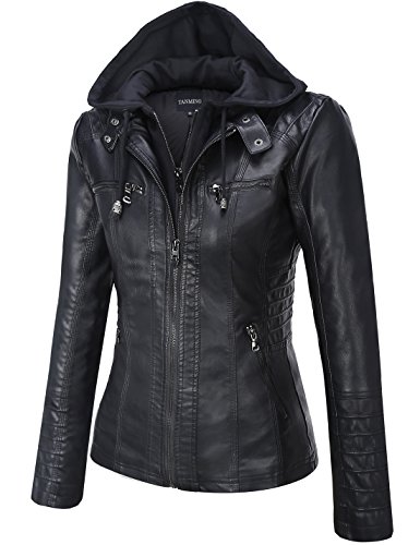 Tanming Women's Womens Hooded Faux Leather Jackets (Large, Black) #TOP3
