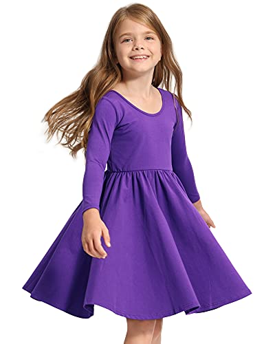 Image of Stelle Long Sleeve Girls Dress Toddler Dresses Skater Twirl Cotton A-Line Dress for School Casual | Criss Cross Back,Crew Neck,High Waist,Spinny Swing,Stretchable,Spring Fall Winter,Casual School Birthday Dance