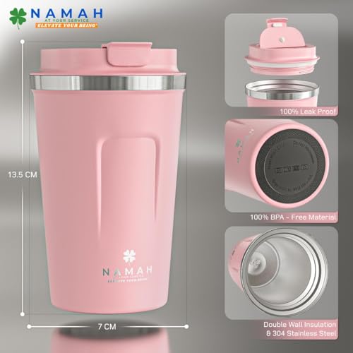 Image of Namah Insulated Coffee Travel Mug 380 ml with Lid, Leak Proof Stainless Steel Thermosteel Vacuum Insulated Mug, Hot & Cold Reusable Coffee Mug for Office, Car Cup Holder Friendly