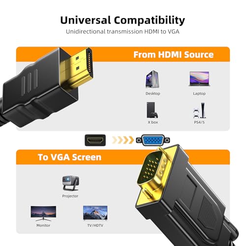 Image of HDMI to VGA Cable, 6.6FT Uni-Directional HDMI to VGA Adapter for Monitor, Laptop, PC, Projector, HDTV, Roku, Xbox
