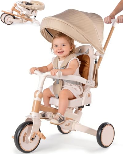 7-in-1 Tricycle for Toddlers 1-3 Years, Foldable Baby Trike Stroller with Steering Push Handle, Gift for Boys Girls 12 Months to 6 Years- Brown