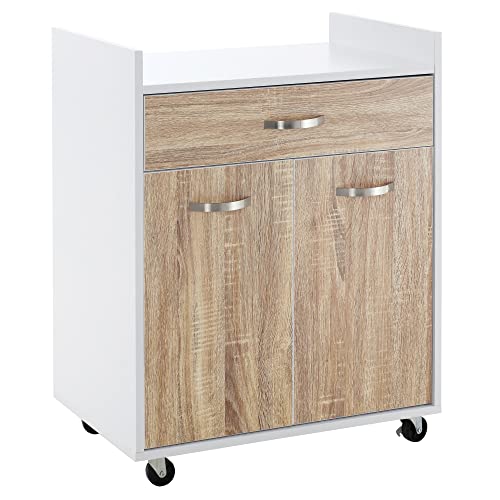 HOMCOM Chariot de Service desserte de Cuisine à roulettes tiroir Placard 2 Portes étagère en Bois Blanc Aspect chêne Clair