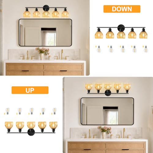 Image of Bathroom Light Fixtures, 5-Light Brushed Black Vanity Lights for Bathroom with Amber Tulip Glass Shade, 30 inch Vintage Bathroom Vanity Lighting Fixtures Over Mirror for Bedroom Living Room Hallway