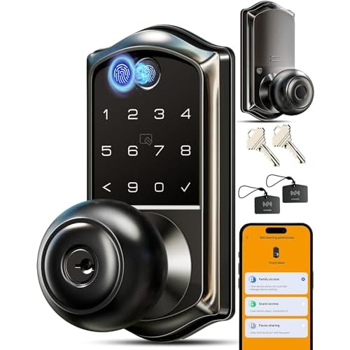 Veise VE018 Smart Knob Handle Lock - Fingerprint, App Control, Keyless Entry for Front Door and Bedroom, Electronic Digital Keypad, Auto Lock, Remote Access Sharing, IP55 Weatherproof, Matte