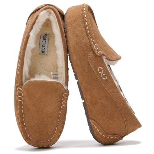 PROJECT CLOUD 100% Genuine Leather Womens Slippers Warm Slippers for Women | Fur Lined Memory Foam Insole; Genuine Leather Women's Slippers; Water-Resistant Comfortable Womens Moccasin Outdoor Slippers