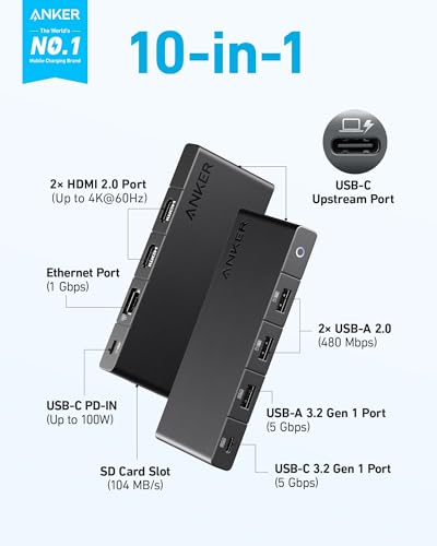 Image of Anker USB C Hub (10-in-1), Dual Monitor with 4K HDMI, Max 100W Power Delivery, Dual 4K HDMI Ports, 4 USB-A /USB-C Data Ports, Ethernet and SD Card Reader for Dell Laptop, ThinkPad, and More