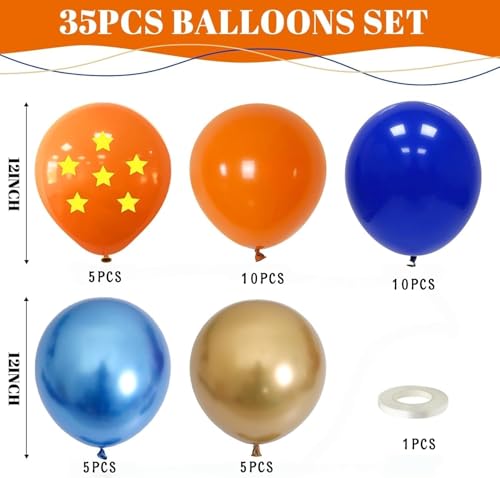 Image of Orange Blue Balloons, 12 Inch Royal Blue and Matt Orange Metallic Gold Latex Balloons with Tangerine Star Printed Party Balloon for Kid Cartoon Theme Anime Birthday Outer Space Party Decoration