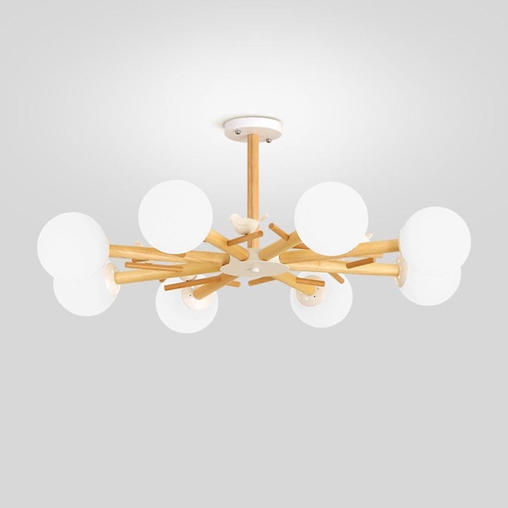 8-Light Wooden Chandelier, Rustic Farmhouse Pendnat Lighting with Glass Globe Shade, Semi Flush Mount Ceiling Light Fixture for Kitchen Island Ining Room Living Room Bedroom