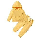 Happy Town Toddler Fall Outfits for Girl Boy Long Sleeve Hoodie Top and Long Sweatpants Set Toddler Sweatsuit (Solid Color-Yellow, 4-5 T)