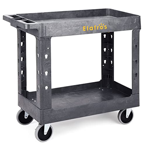 ELAFROS Heavy Duty Plastic Utility Cart 34 x 17 Inch - Work Cart Tub Storage W/Deep Shelves and Full Swivel Wheels Safely Holds up to 550 lbs - 2 Tier Service Cart for Warehouse,Garage, Cleaning,gary