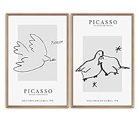 SIGNWIN Framed Wall Art Print Set Drawing of Peaceful Doves on Gray Background Abstract Shapes Illustrations Fine Art Contemporary Expressive for Living Room, Bedroom, Office - 16