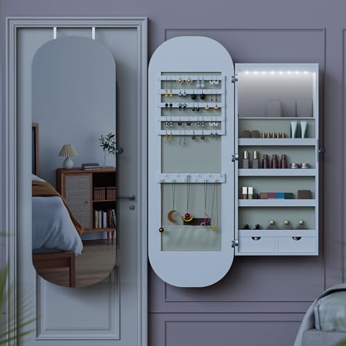 44'' Full Length Mirror Jewelry Cabinet, Lockable Wall-Mount or Door Hanging Jewelry Armoire with Interior Led Mirror & Storage Shelf, White4
