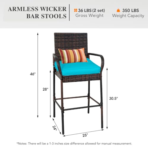 Image of Sundale Outdoor Wicker Bar Stool Set of 4, Patio Counter Height Pub Chair with Arms, High Top Rattan Barstool, Cushion Beige, All-Weather Outdoor Rattan Furniture (Brown&Blue, Small Seat - 4 Stools)