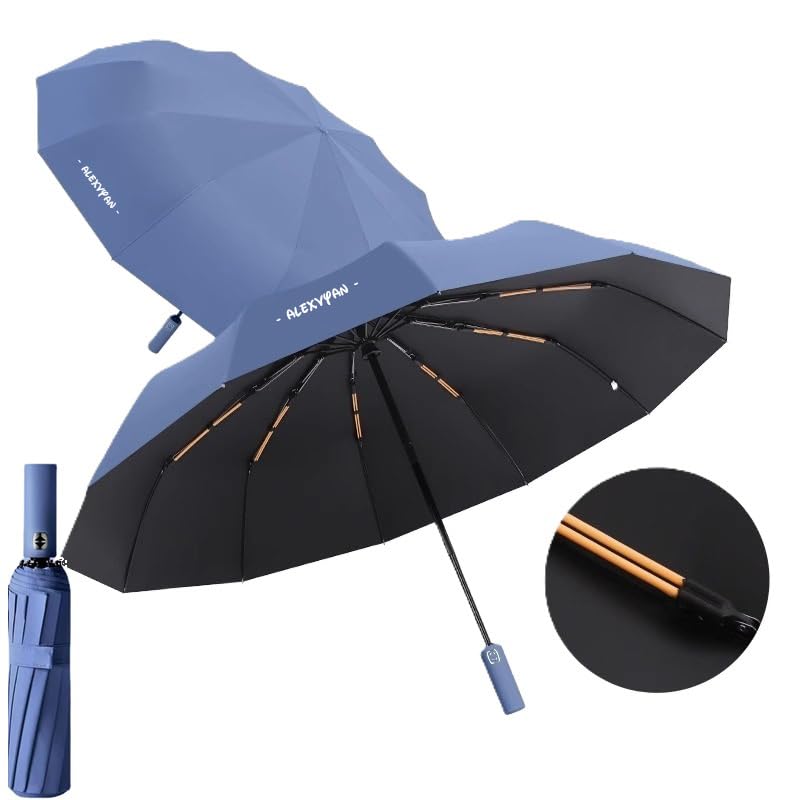Image of Alexvyan 12 Ribs Car Large Travel Auto Open /Close Umbrella Windproof for Rain & Sun UV Protection, Strong Umbrella for Men & Women, Wind Resistant, Portable Folding Umbrellas for Backpack