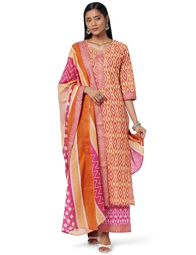 Image of Libas Printed Cotton Straight Kurta with Palazzo and Dupatta