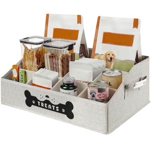 Dog Treat Container, Dogs Storage Organizer with Removable Dividers, Collapsible Dogs Treat Holder for Countertop, Trapezoid Pet Treats Containers, Dog Toy Basket with PU Handles, Large, Gray