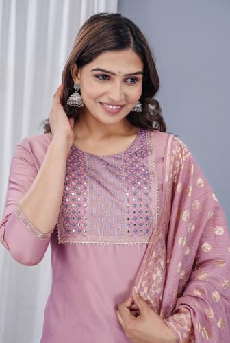 Image of Women's Silk Embroidered Kurta with Pant and Dupatta Set, Straight Style