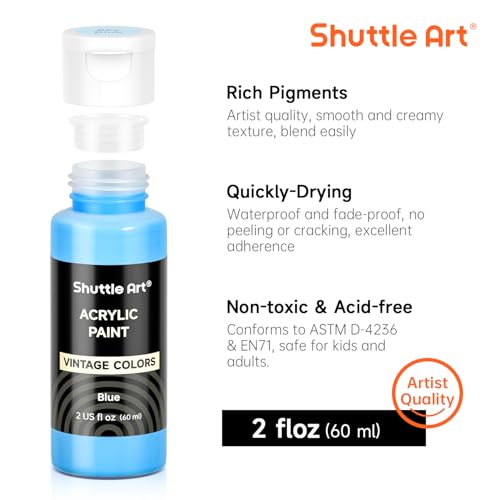 Image of Shuttle Art Acrylic Paint Set, 25 Vintage Colours, 2oz /60ml Bottles, Rich Pigmented, Premium Acrylic Paints for Artists, Beginners and Kids on Rocks Crafts Canvas Wood Ceramic