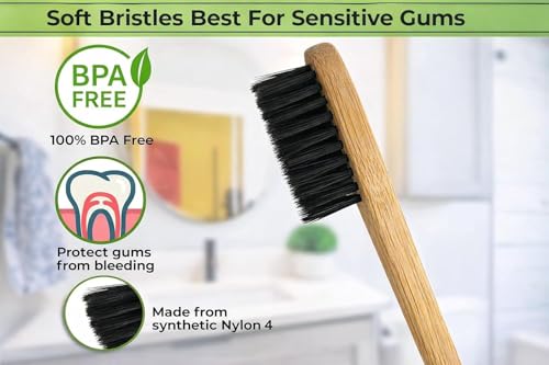 Image of Bamboo Toothbrush Set of 3 | Eco-Friendly Wooden Toothbrush with Charcoal Bristles for Adults | Natural Plastic-Free Oral Care Brush for Men & Women