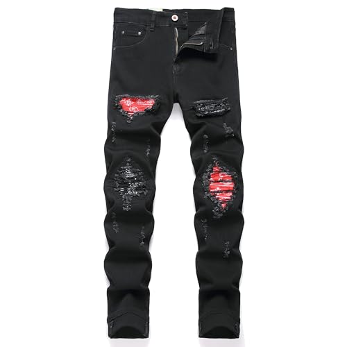 TMMMT Men's Patch Ripped Stretch Regular Fit Black Jean (36, 6616-1Black)