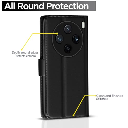 Image of Pikkme Flip Cover Leather Finish | Inside TPU with Card Pockets | Wallet Stand and Shock Proof | Complete Protection Button Flip Case for Vivo X200 5G(Black)