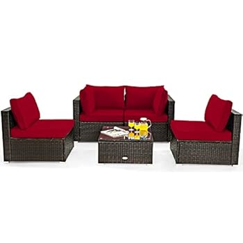 Alternative view of Tangkula 5 Pieces Patio Furniture Set, All Weather Wicker L-Shaped Corner Sofa Set w/Soft Cushions, Outdoor Sectional Conversation Couch Set w/Glass Table for Backyard Garden Poolside (Red)