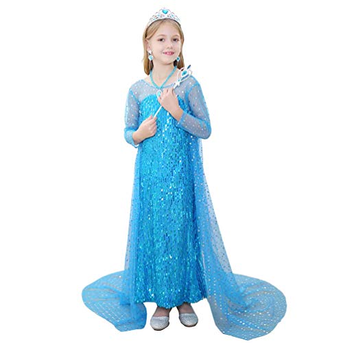 Girls Princess Fancy Dress Up Cosplay Dress Birthday Party Dress Bling Bling Princess Costume (Blue, 130/Height:49-53Inch)