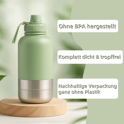 3-in-1 Hundetrinkflasche für unterwegs 1000ml Edelstahl – Hundewasserflasche to Go mit Napf & Futterfach, auslaufsichere Hunde Trinkflasche, Hundezubehör für Spaziergang, Reisen & Outdoor (32oz)