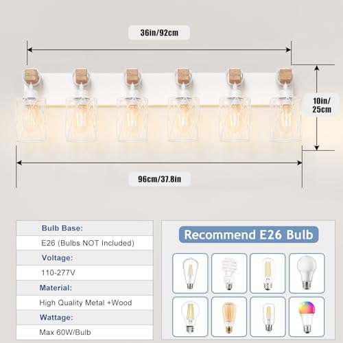 Image of IZORRO Farmhouse Bathroom Vanity Light, 6-Light Wood Bathroom Light Fixtures Over Mirror, Matte White Industrial Vanity Lights with Metal Shade, Rustic Restroom Lighting Fixtures