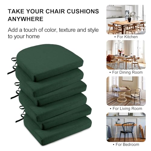 Image of Wellsin Chair Cushions for Dining Chairs 6 Pack - Kitchen Chair Cushions with Ties and Non-Slip Backing - Dining Chair Pads 16 inchX16 inchX2 inch, Dark Green