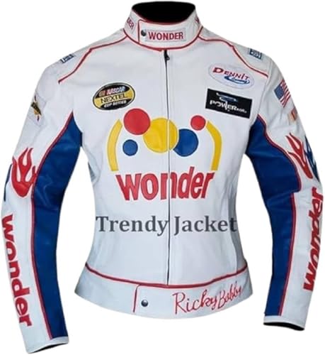 Women Nights Carly & Ricky Bobby Wonder Bread Racing Jacket Faux Leather Costume & Trendy Outerwear Jacket (White Women Medium)