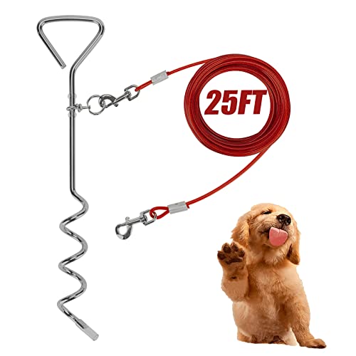 Darkyazi Dog Stake Tie Out Cable and Reflective Stake 16 ft Outdoor, Yard and Camping, for Medium to Large Dogs Up to 125 lbs (25FT /7.62m, Red)