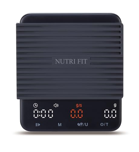 NUTRI FIT Mini báscula de café con temporizador, báscula de cocina recargable USB-C, báscula portátil de espresso con pantalla LED, tamaño del producto: 11,5 x 10 cm, 2 kg/0,1 g, color negro