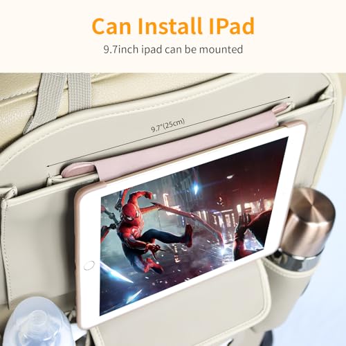 Car Seat Organizers Waterproof Backseat Protector with Storage Pocket Large Leather Kick Mats for Kids Pets Automobile SUV Truck (Beige, Large Pocket)