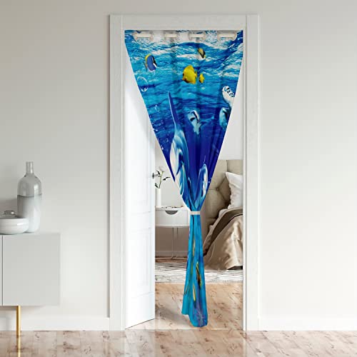 Loussiesd Dolphin Darkening Blackout Curtain Blue Ocean Marine Themed Sea Creatures Door Curtain Doorway Privacy Sea Animal Decor Closet Door Cover Curtain Summer Holiday room 106x203cm 1 Panel - Image 2