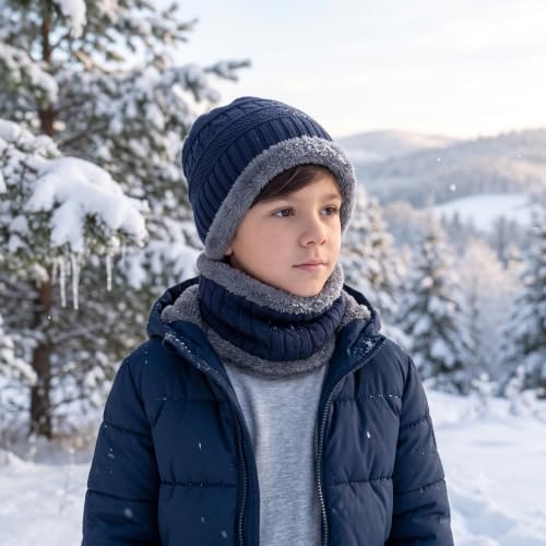 Image of Woolen Winter Cap with Neck Scarf for Boys and Girls /Kids Winter Cap (Age 5-14 Years)