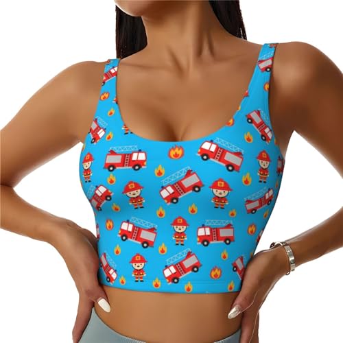 Women Girls Yoga Vest U-Shaped Back Comfort Fit Tops with Bralette Pads Removable Outfit for Gym Exercise, Cartoon Fire Truck Hero Boys Car