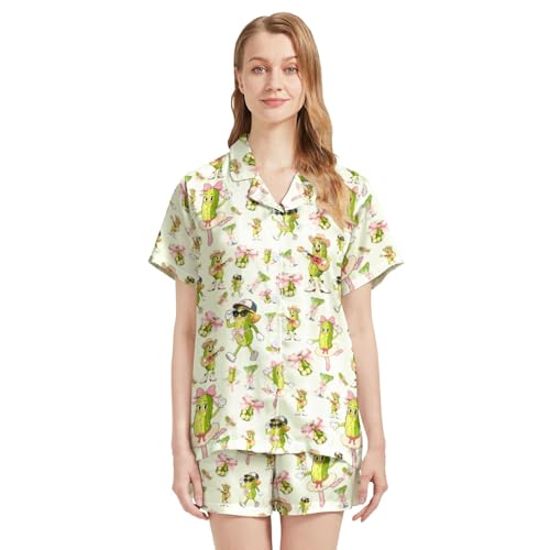 Image of Silk Satin Pajama Set for Women Summer Lounge Pjs Sets 2 Piece Suit Ladies Button Down Tops And Shorts Sleepwear