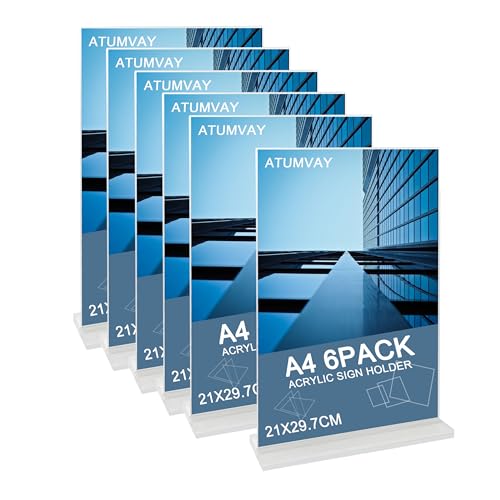 A4 Acrylic Sign Holder, 6pack Clear Display Table Sign Stand,T-Shape Double-Side Perspex Menu Display Stand,Poster Flyer Holder Picture Paper Frame for Office Shop Store Restaurant School Retail Fair