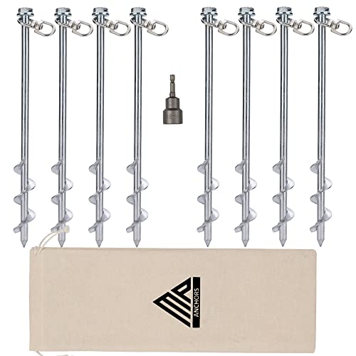 Earth Anchors - 12" Set of 8 Heavy Duty Ground Stakes - Screw in Anchors for Mobile Homes, Sheds, Swing Sets, Trees & Canopies - Includes Drill Bit