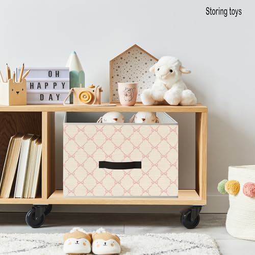 Image of Coquette Pink Bow Storage Bins, Preppy Girly Pink Ribbon Aesthetic Collapsible Fabric Storage Basket Organizer for Clothes Toys Books Girls Room Dorm Bedroom