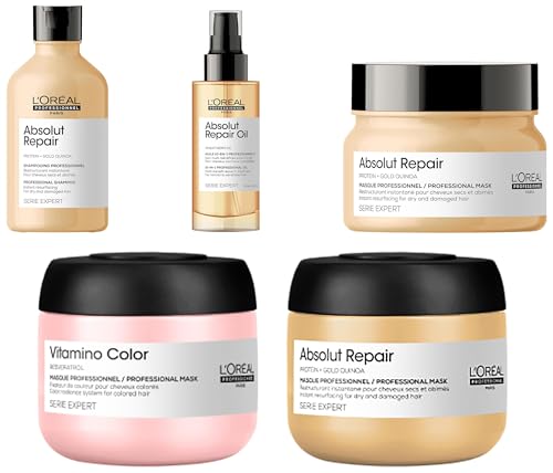 L’OREAL PROFESSIONNEL PARIS Absolut Repair Shampoo, Mask & Serum 3-Step Combo For Dry & Damaged Hair (300Ml+250Gms+125Ml) With Absolut Repair & Vitamino Travel-Sizes 75Ml,1 Count