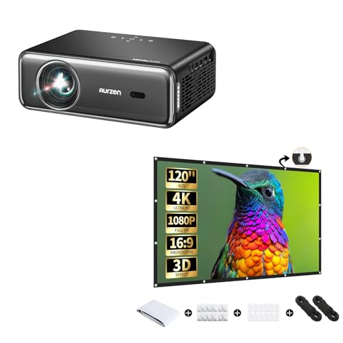 Image of Aurzen EAZZE D1 Pro Smart Projector with Aurzen 120-Inch Projector Screen Bundle, 16:9 4K HD, Foldable Anti-Crease, Portable Double-Sided Screen for Indoor/Outdoor Home Theater & Backyard