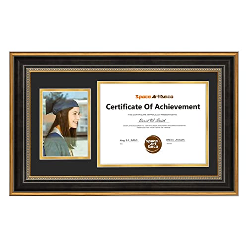 Space Art Deco, 11X19.5 Diploma Frame With Black Over Gold Double Mat For 8.5X11 Documents And One 5X7 Picture, Shatter-Resistant Glass Sawtooth Hangers Wall Mount Display (Ornate Gold Black) #TOP9